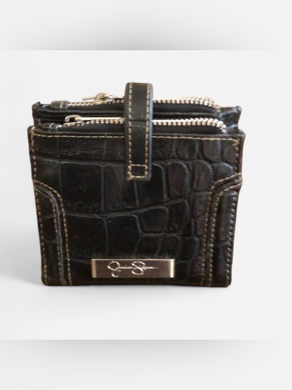 Jessica Simpson Black Croc-Embossed Bi-Fold Wallet with Silver Hardware
